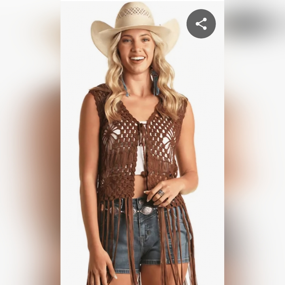 Large Rock and Roll Denim Crochet Fringe Vest